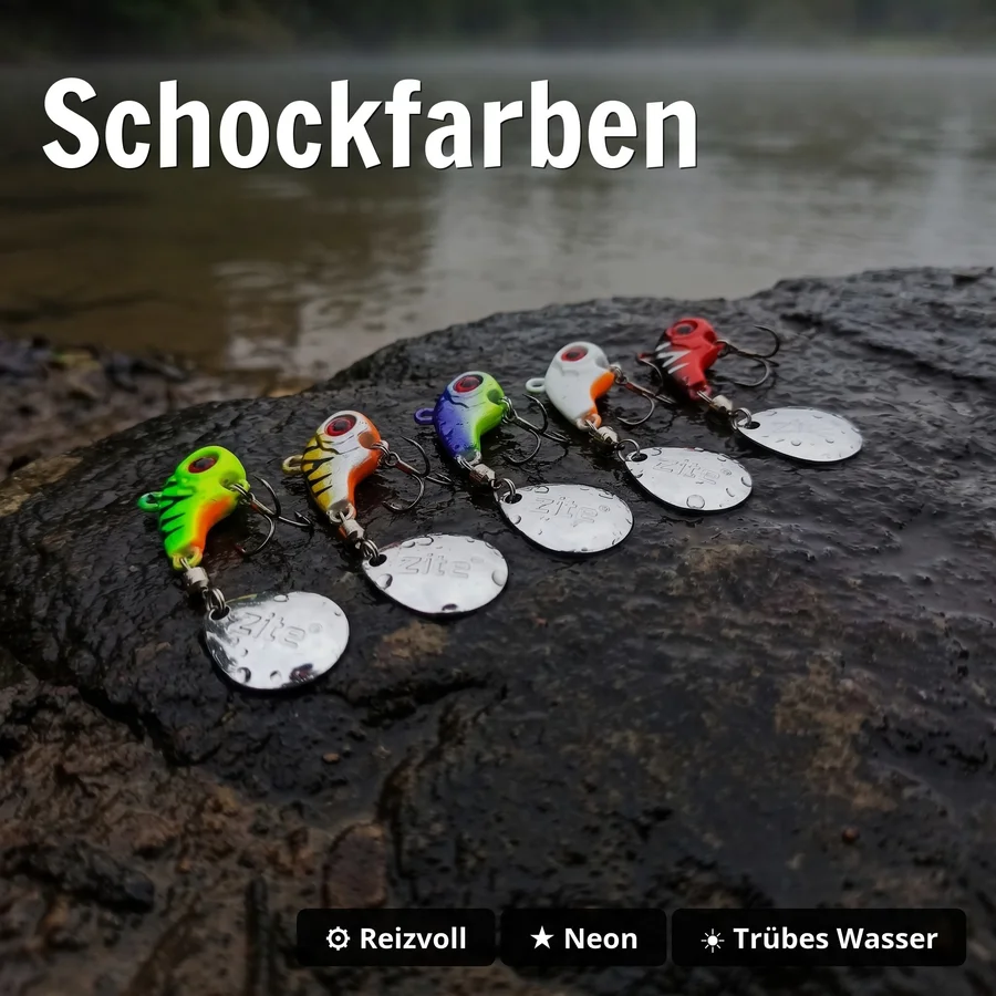 Zite Fishing Jigspinner Set Neon L 10g – 5 Neonfarben Barsch Zander Hecht Tackle-Box - Schockfarben
