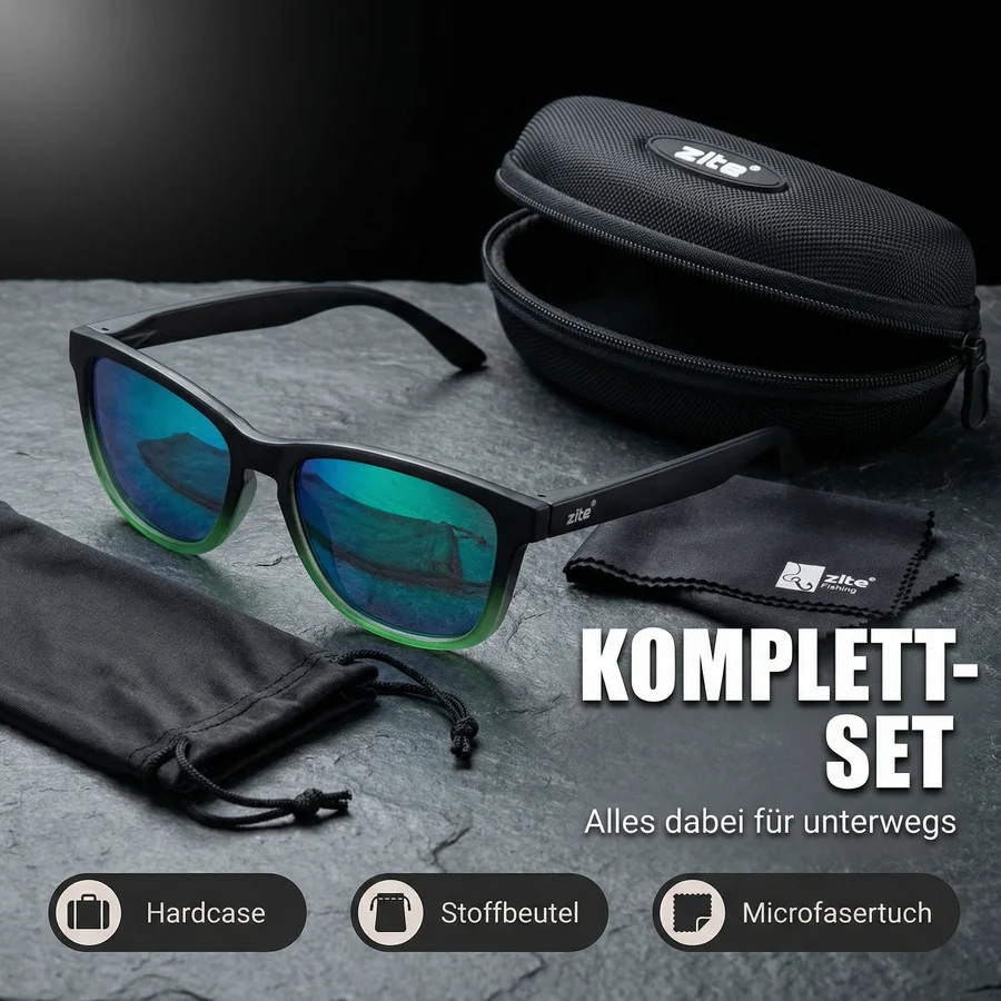 Zite Fishing Polarisationsbrille Basulo – Blaugrün verspiegelt mit UV400-Schutz inkl. Hardcase & Microfasertuch - Umfangreiches Zubehör-Set