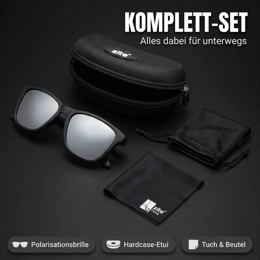 Zite Fishing Polarisationsbrille Basulo – Silber verspiegelt mit UV400-Schutz inkl. Hardcase & Microfasertuch - Umfangreiches Zubehör-Set