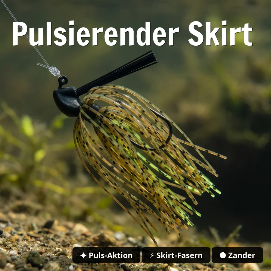 Inzite Skrrt Skirt Jig 14g – Haken 1/0 – Green Pumpkin – mit Weedguard Fransen Köder für Barsch und Zander - Pulsierender Skirt