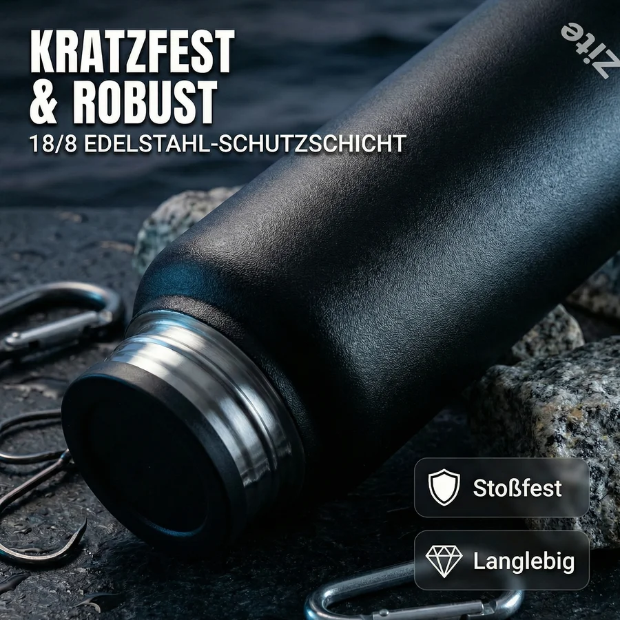Zite Fishing Thermoskanne 1l Edelstahl Schwarz – Doppelwandige Thermosflasche 8h heiß / 24h kalt mit Becher - Stoßfeste Oberflächen-Versiegelung