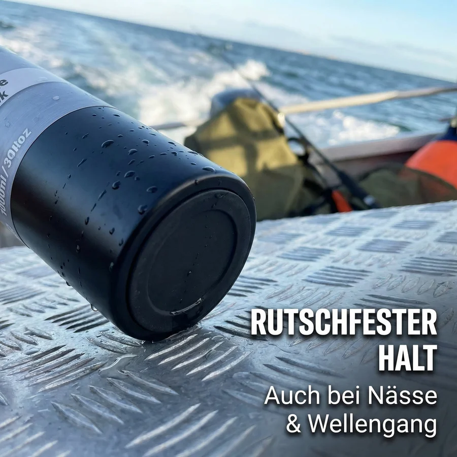 Zite Fishing Thermoskanne 1l Edelstahl Schwarz – Doppelwandige Thermosflasche 8h heiß / 24h kalt mit Becher - Rutschfester Gummiboden-Stand