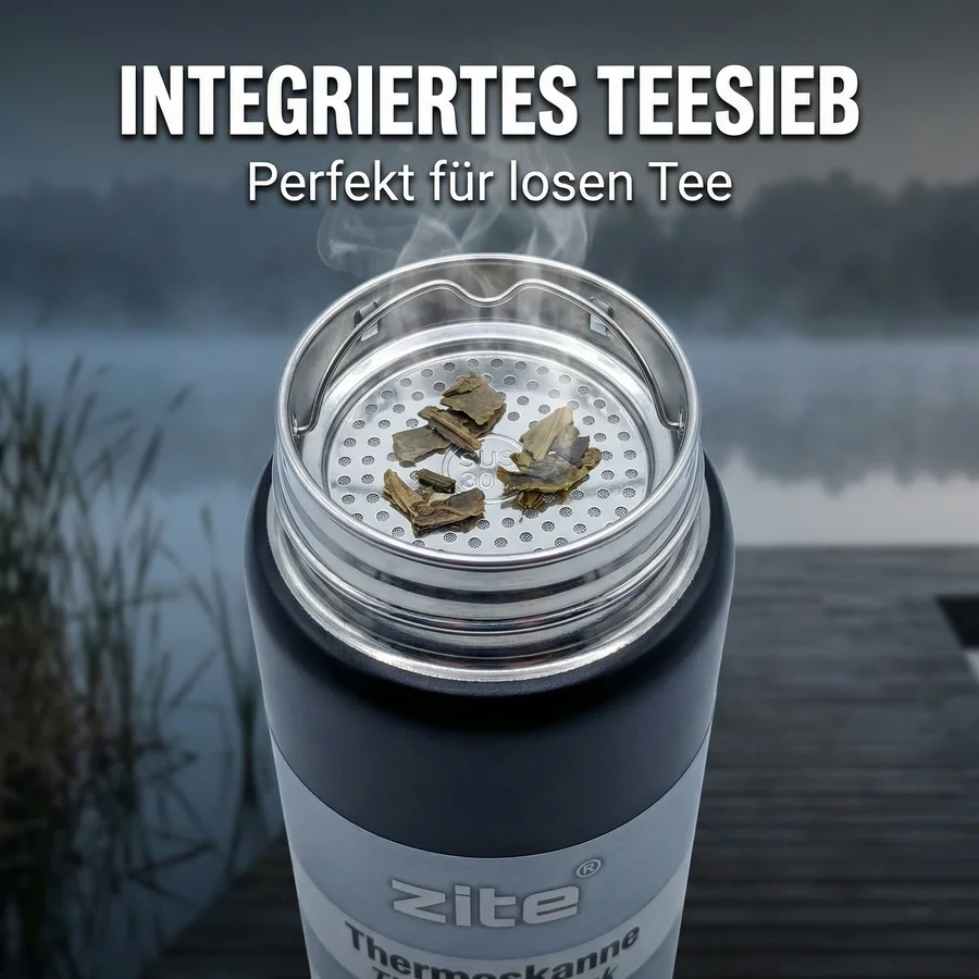 Zite Fishing Thermoskanne 1l Edelstahl Schwarz – Doppelwandige Thermosflasche 8h heiß / 24h kalt mit Becher - Integriertes Edelstahl-Teesieb
