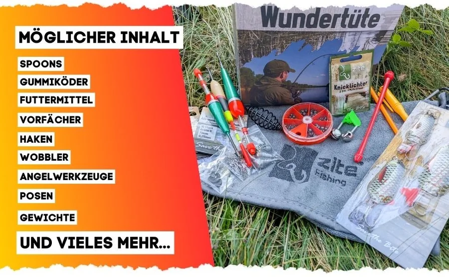 Wundertüte mit Allround Angelzubehör - Überraschungs Anglergeschenk Box mit 30 € Guthabenkarte - Detaillierte Übersicht