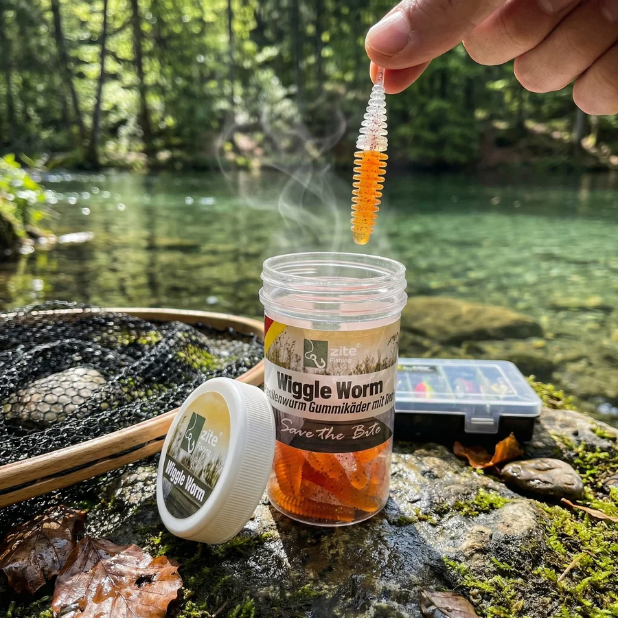 Zite Fishing Wiggle Worm Christal Brown Knoblauch 5,5 cm 10 Stück - Aroma-erhaltende Frische-Dose