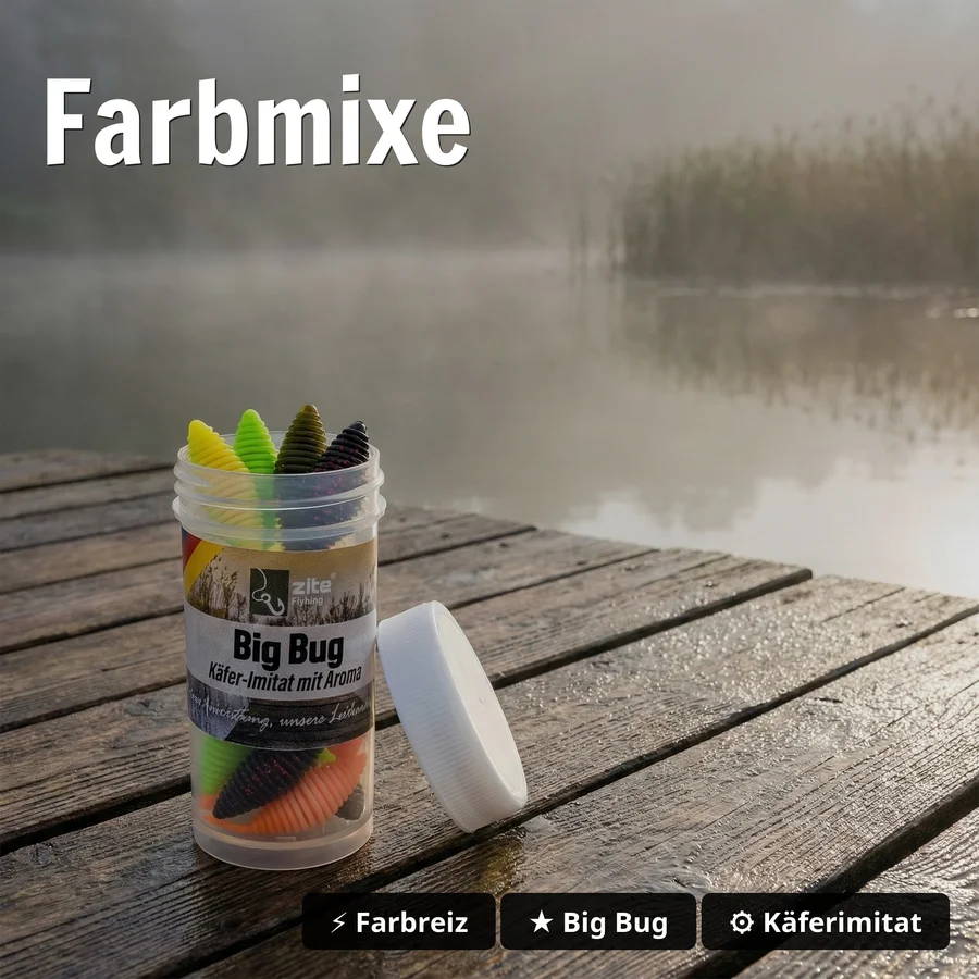 Zite Fishing Big Bug Starterset - 32 Gummiköder Käferimitate mit Premium Tungsten Pro Sharp Jighaken in Metallic #4 Fore - Farbmixe