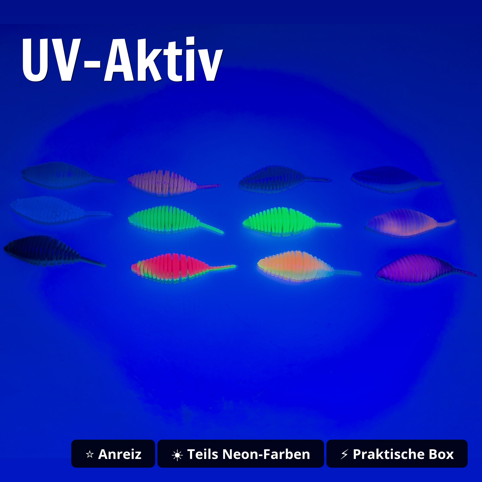 Big Bug Starterbox – 60 Gummiköder in 12 Farben, Forellen Set mit Tackle-Box, UV-aktiv, Ultra-Light - UV-Aktiv