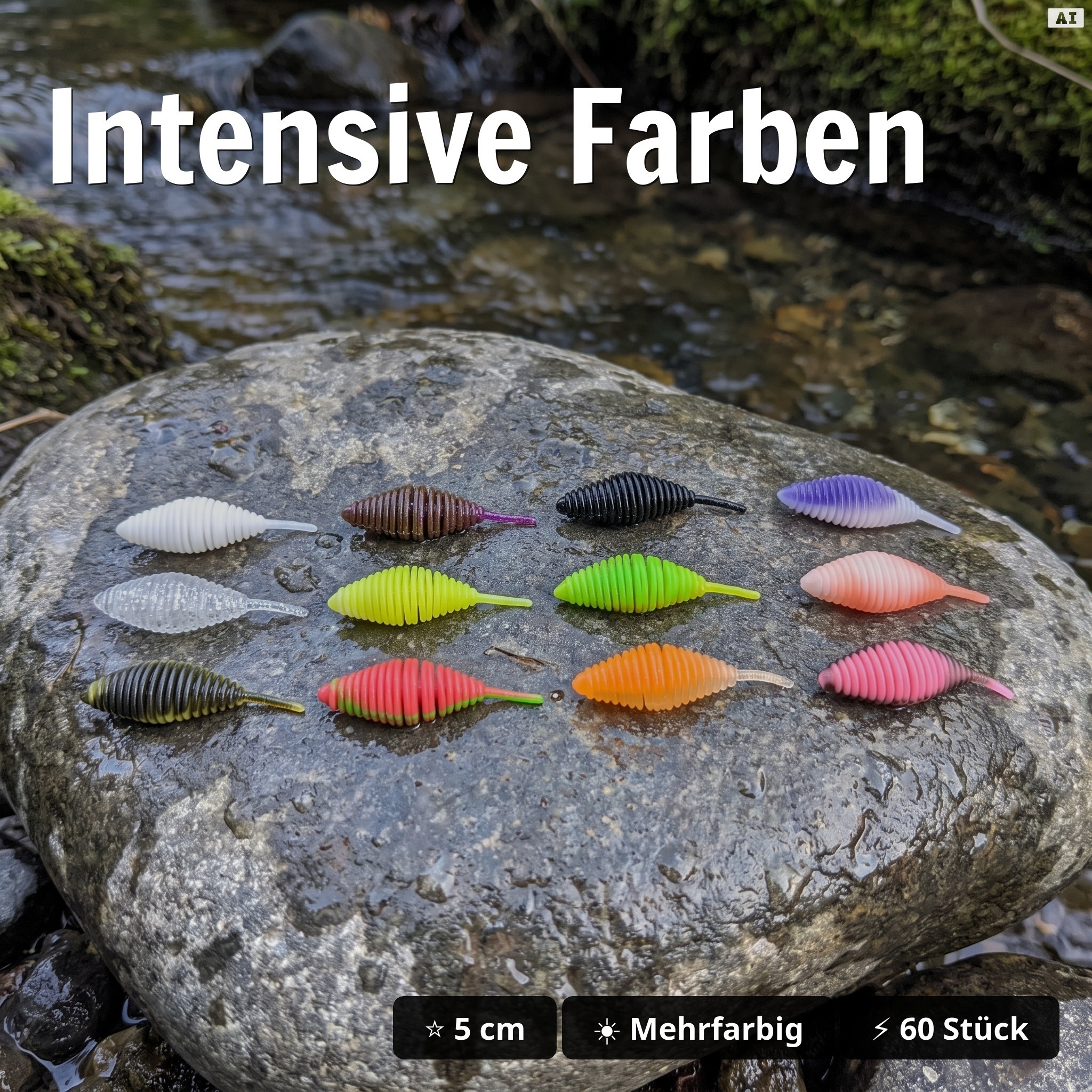 Big Bug Starterbox – 60 Gummiköder in 12 Farben, Forellen Set mit Tackle-Box, UV-aktiv, Ultra-Light - Intensive Farben