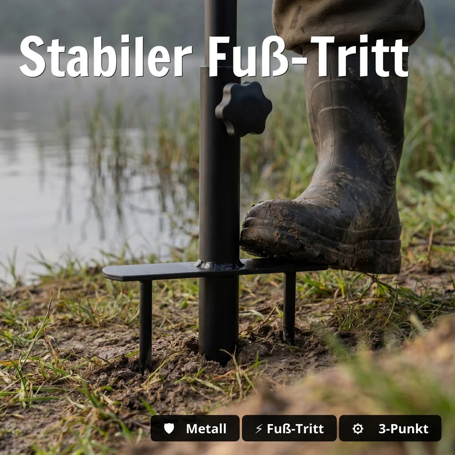 Zite Fishing Schirmstütze Deluxe – Metall Erdanker 3-Spieß-System für Angelschirme - Stabiler Fuß-Tritt