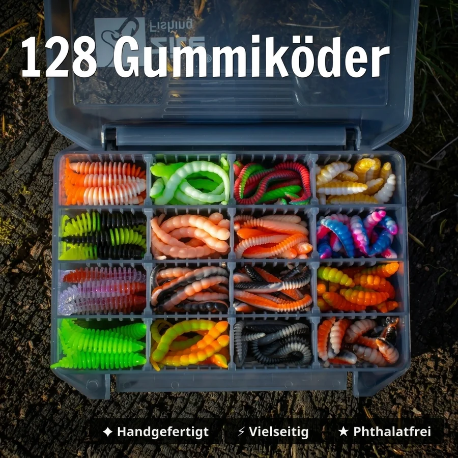 Zite Fishing No Mercy UL Pro Box Set – 128 Forellen Gummiköder + Haken & Knoblauch-Spray GRATIS - 128 Gummiköder