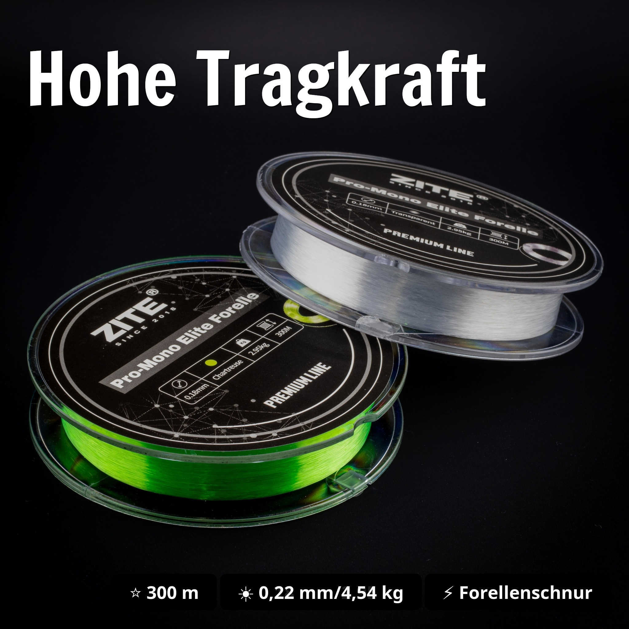 Zite Fishing Pro-Mono Elite Forelle – Monofile Angelschnur chartreuse, 300 m, 0,22 mm, 4,54 kg - Hohe Tragkraft