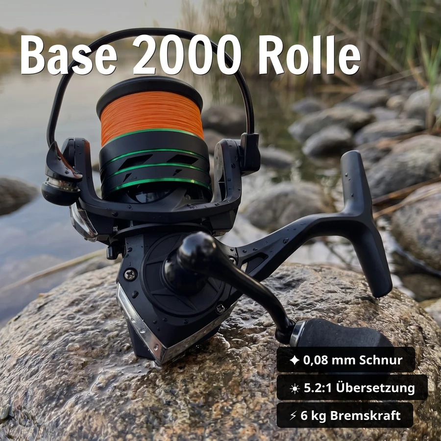 Barsch Angelset Komplett: Spinnrute 2,25 m + Rolle Base 2000 bespult + Rutentasche 1,30 m + Starterbox GRATIS - Base 2000 Rolle