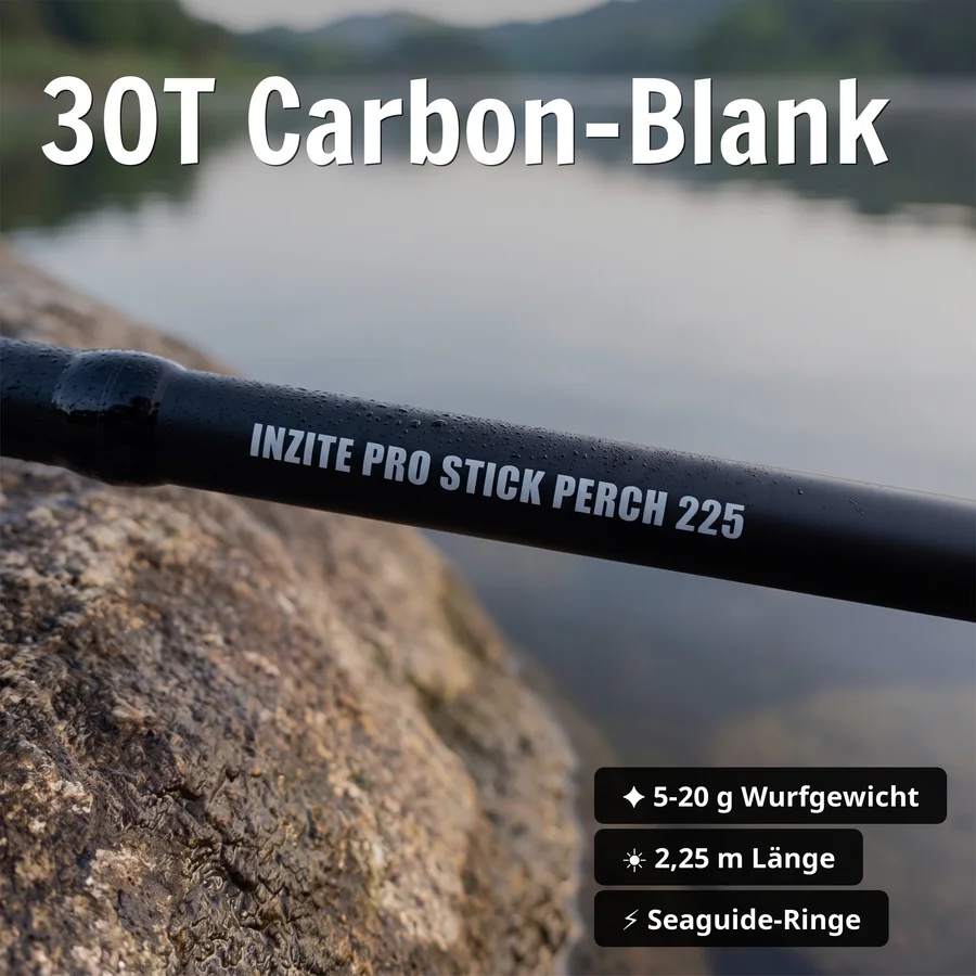 Barsch Angelset Komplett: Spinnrute 225 cm + Rolle Pro 2000 bespult + Rutentasche 1,30 m + Starterbox GRATIS - 30T Carbon-Blank