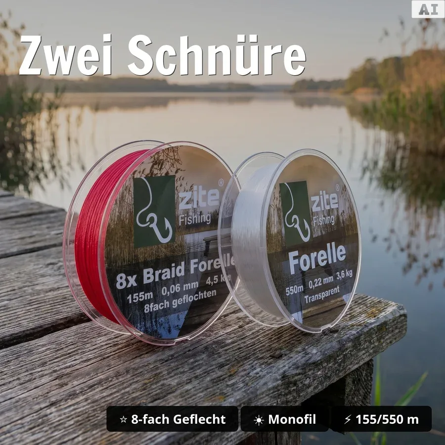 Zite Fishing Fixdrops Forellen Angelset Komplett – Rute 3,30m, Rolle 3000, Schnur + Haken & Köder GRATIS für Forelle - Zwei Schnüre