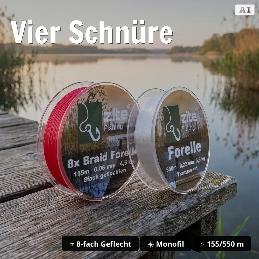 Zite Fishing XXL Fixdrops Forellen Angelset Komplett – 2x Rute 3,30m + 2x Rolle 3000 + 4x Schnur & Starterset GRATIS - Vier Schnüre