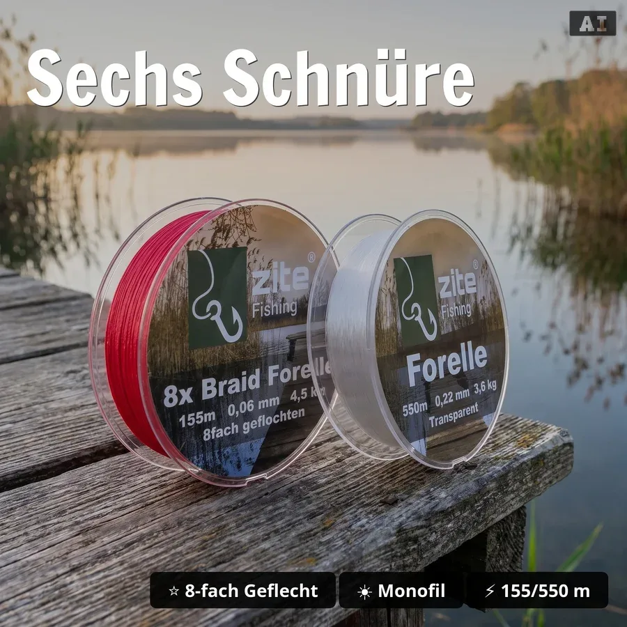 Zite Fishing XXL Grundmontagen Forellen Angelset Komplett – 3x Rute, 3x Rolle, 6x Schnur + Zubehör GRATIS - Sechs Schnüre