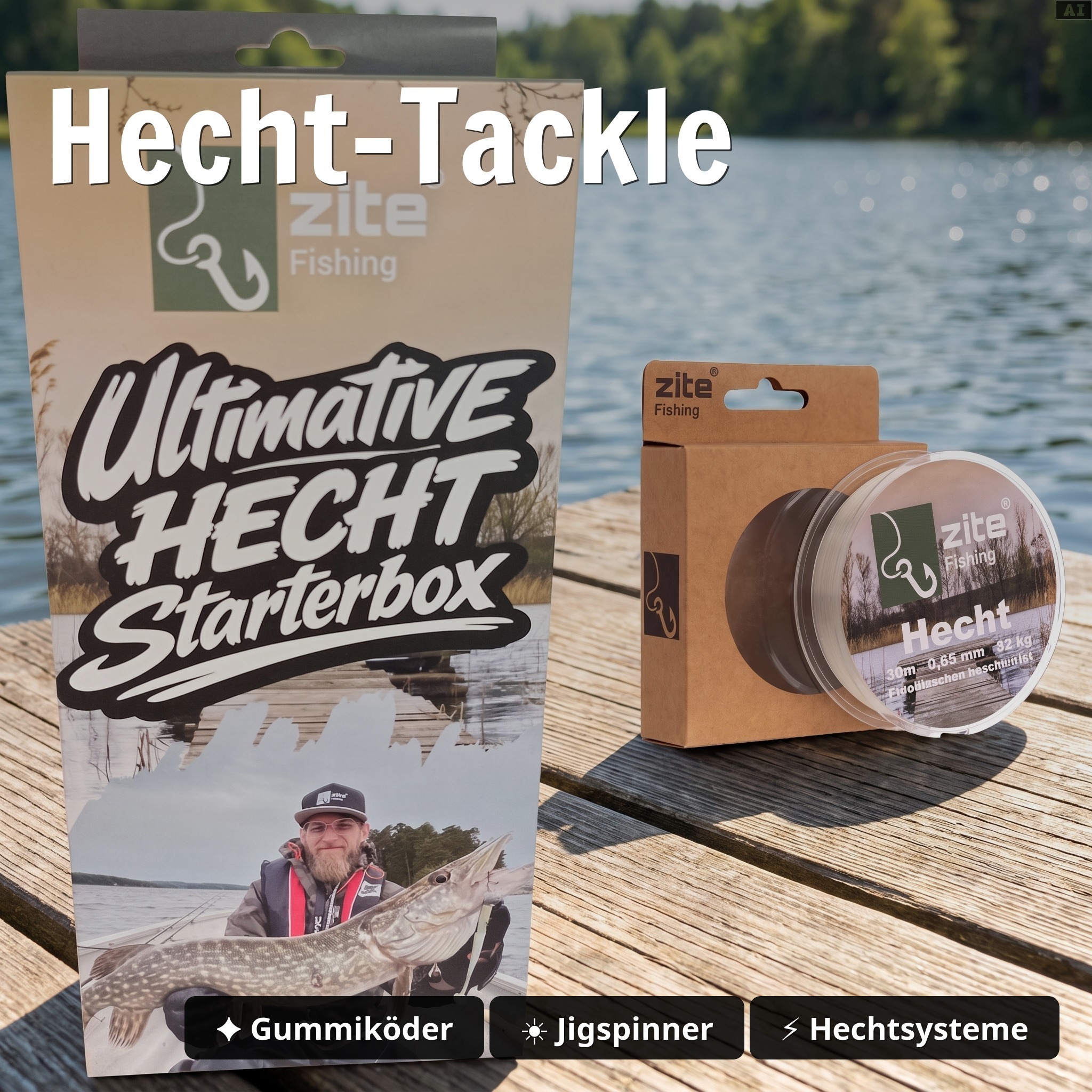Zite Fishing Hecht Angelset XXL Komplett – Rute, Rolle & Starterbox + Kescher GRATIS für Hecht, Zander & Barsch - Hecht-Tackle