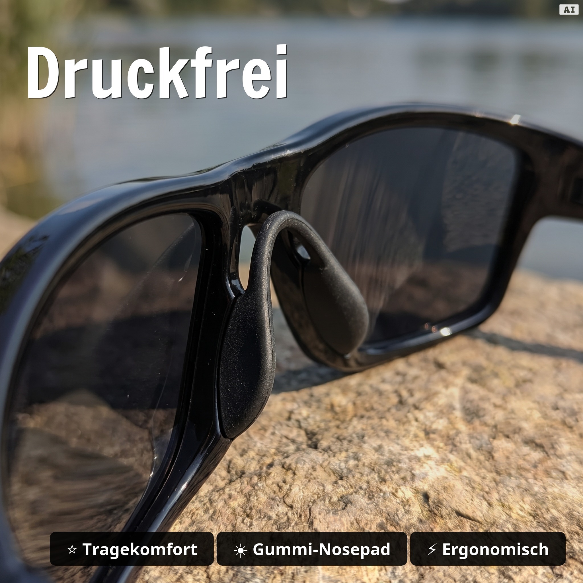 Polarisationsbrille Orus Schwarz – schwimmfähig, UV 400, TPX-Gestell, mit Hartschalen-Etui - Druckfrei
