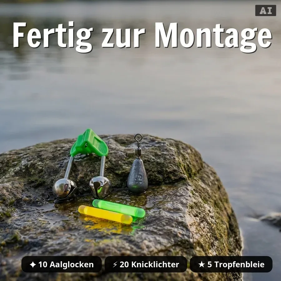 Zite Fishing Grundangeln Starterset Aal – Komplettset Teleskoprute 270cm, Stationärrolle bespult, Aalglocken, Knicklicht - Fertig zur Montage