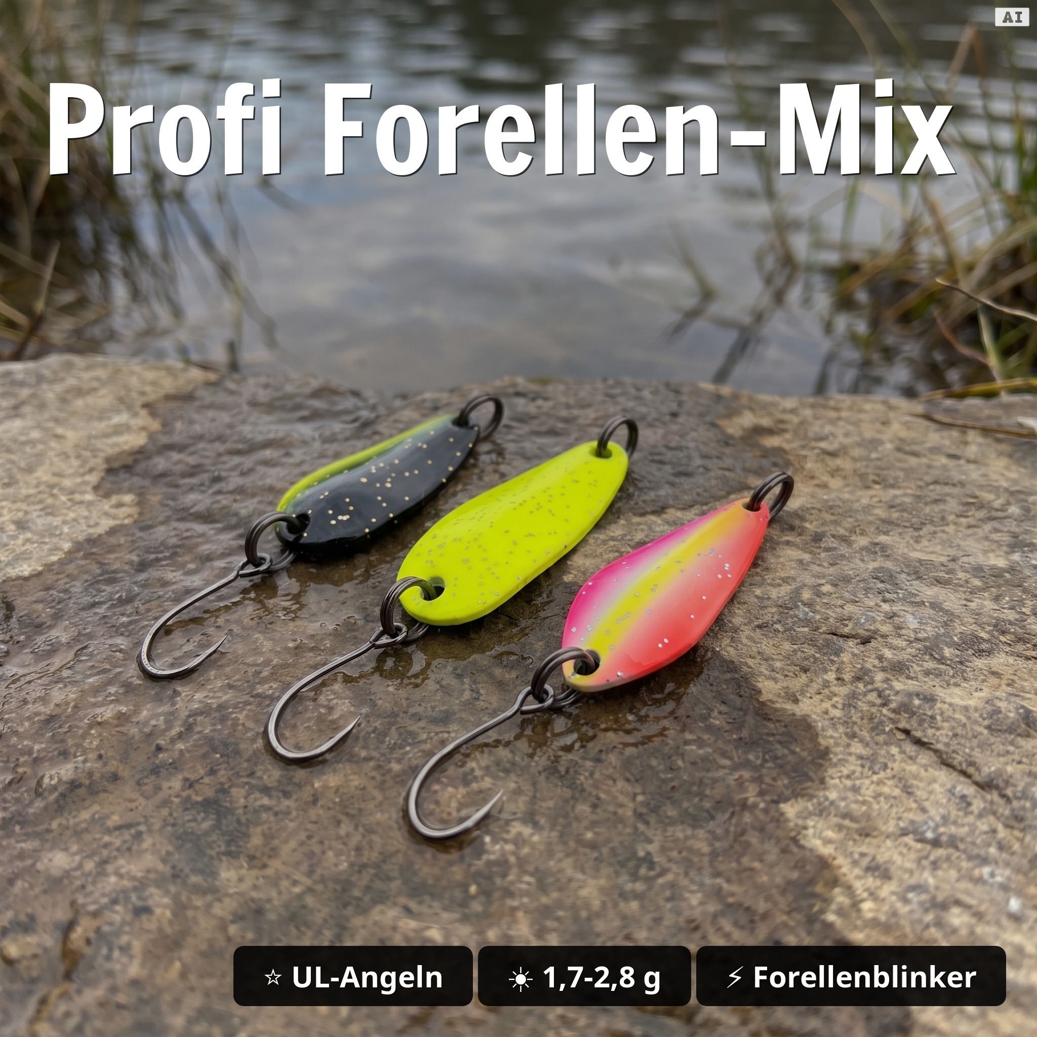 Zite Fishing Troutforce Spoon Starterset – Forellen-Spoons ZAP! BAMF! KAPOW! + Flave Boost Stick Käse GRATIS - Profi Forellen-Mix