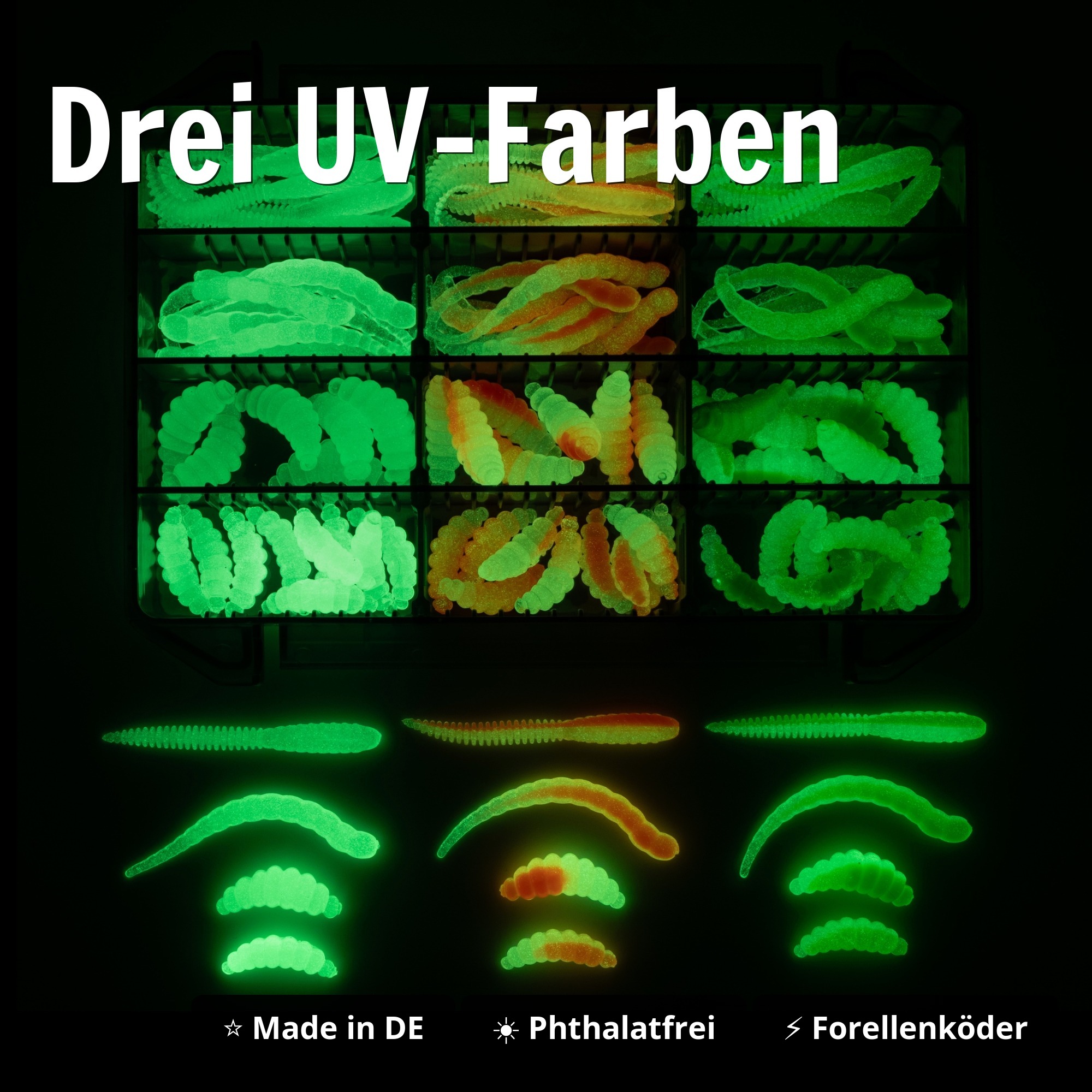 UL Gummiköder Set Glow Edition Box – Forelle Big Mag Curly Viper Mighty Mag Twerky Tailer - Drei UV-Farben