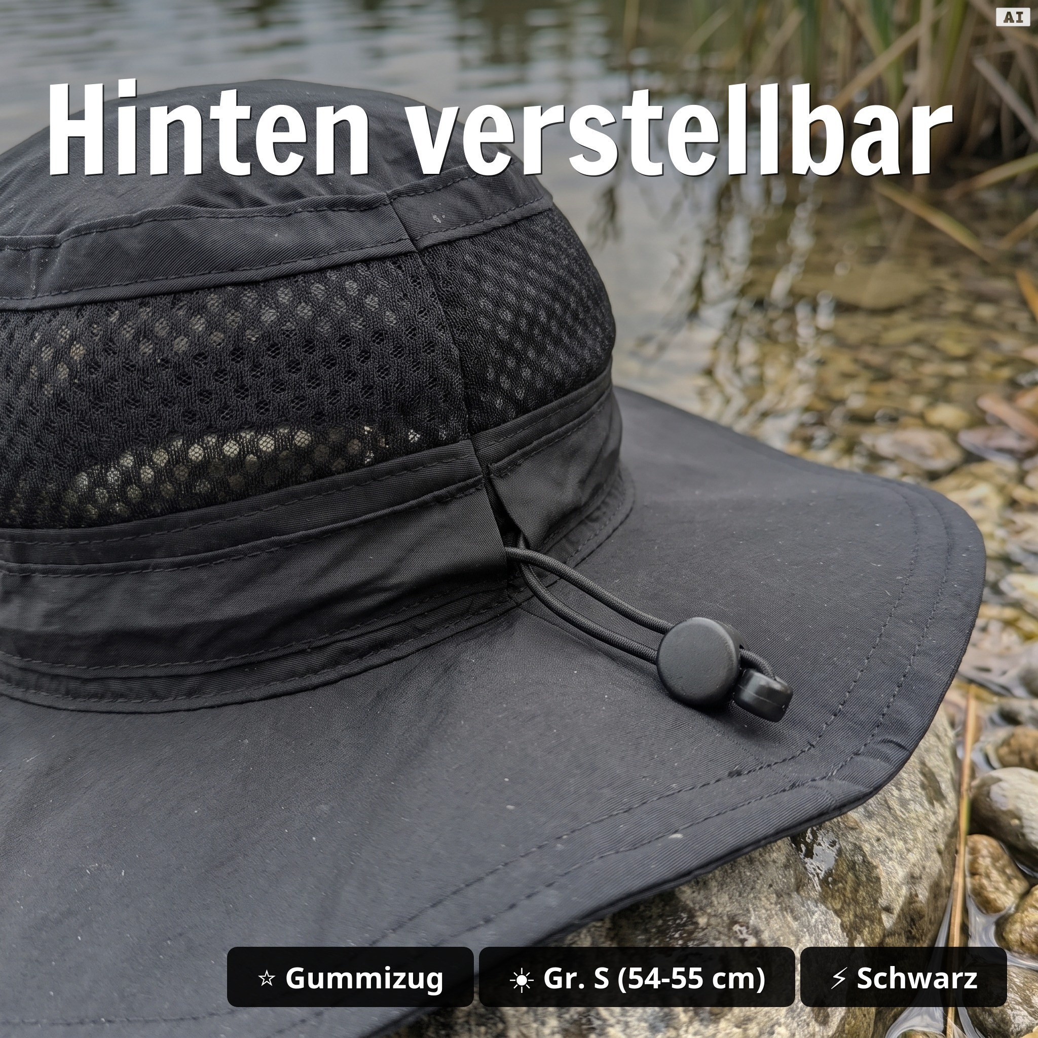 Angelhut Gr. S Schwarz - UPF 50+ Sonnenhut, atmungsaktiv, wasserabweisend, verstellbar & fixierbar - Hinten verstellbar