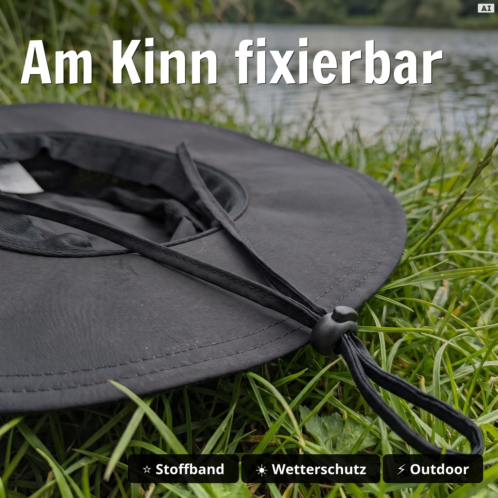 Angelhut Gr. L Schwarz - UPF 50+ Sonnenhut, atmungsaktiv, wasserabweisend, verstellbar & fixierbar - Am Kinn fixierbar