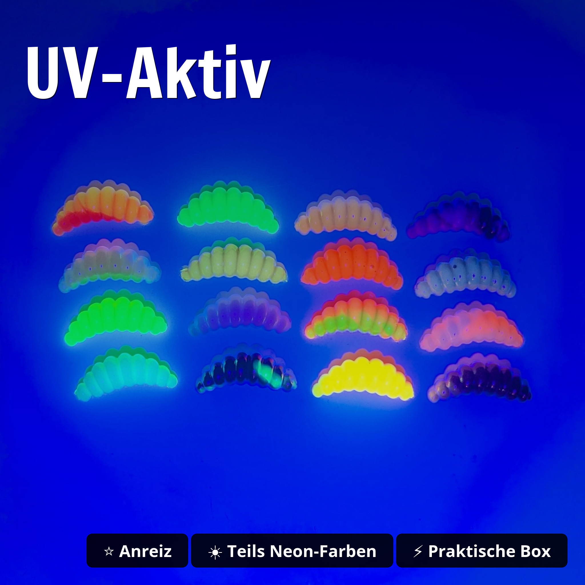 Big Mag Starterbox – 80 Forellen Gummiköder 3 cm, 16 Farben, UV-aktiv, Made in Germany - UV-Aktiv