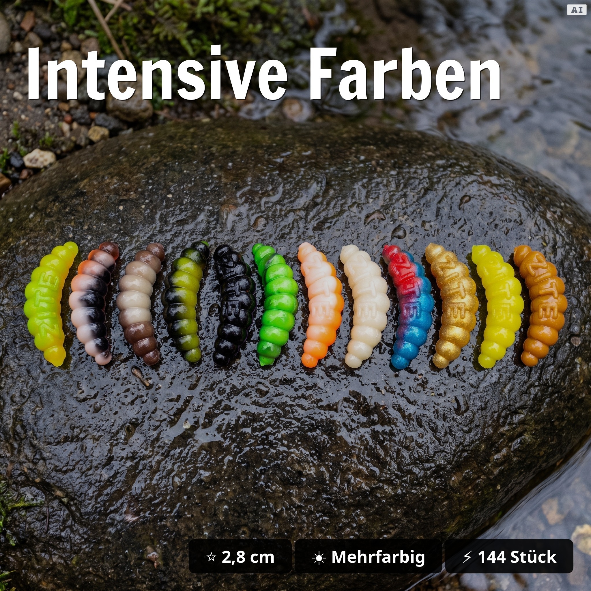 Mighty Mag Starterbox – 144 Gummiköder 2,8 cm in 12 Farben mit Tackle-Box – Forellen Köder Set - Intensive Farben