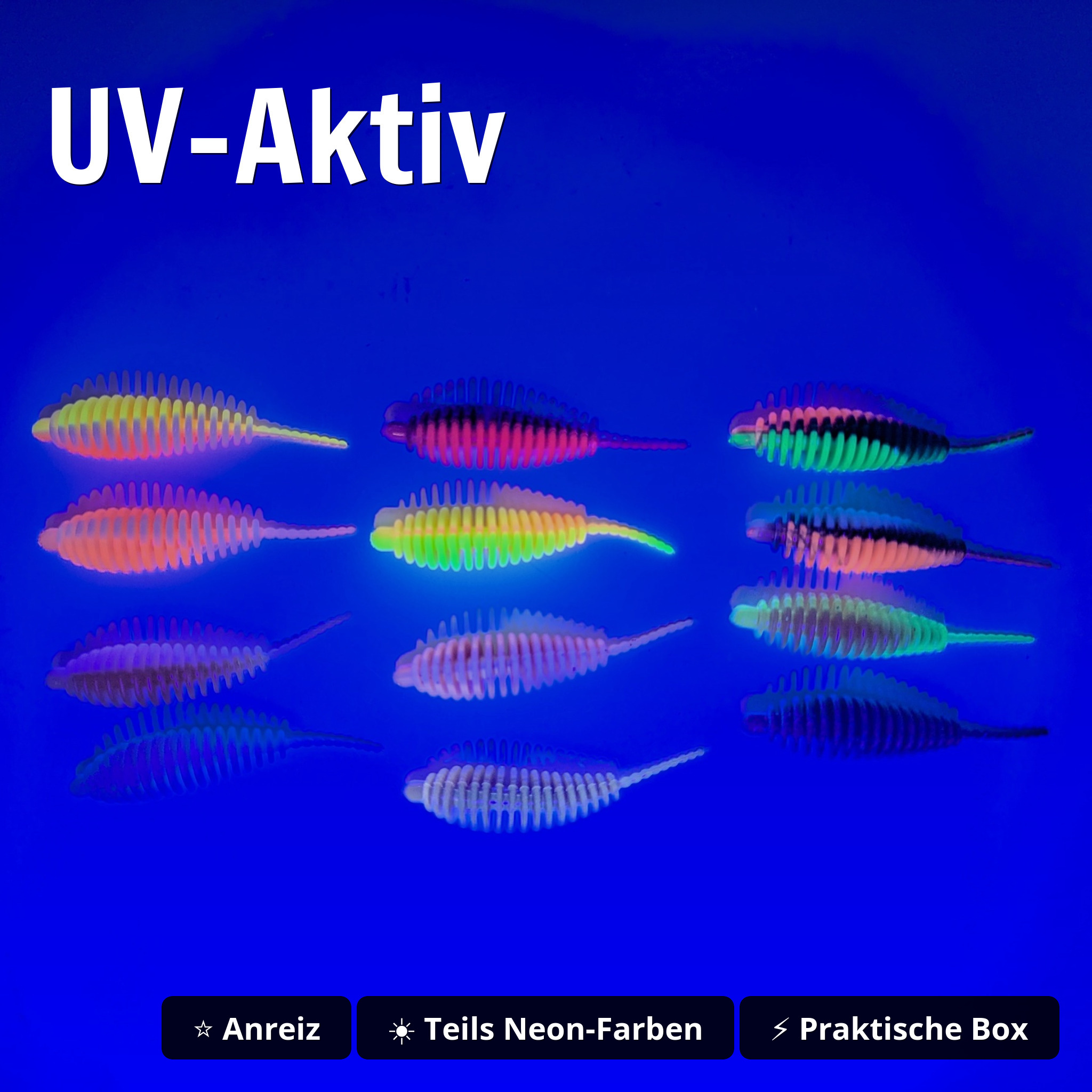 Bomba Starterbox – 60 Forellen Gummiköder, 5,8 cm, 12 Farben, UV-aktiv, phthalatfrei - UV-Aktiv