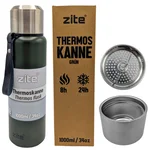 Zite Fishing Thermoskanne 1l Edelstahl Olivgrün – Doppelwandige Thermosflasche 8h heiß / 24h kalt mit Becher