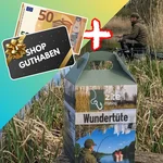 Wundertüte mit Allround Angelzubehör - Überraschungs Anglergeschenk Box mit 50 € Guthabenkarte