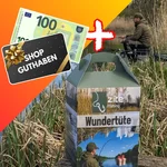 Wundertüte mit Allround Angelzubehör - Überraschungs Anglergeschenk Box mit 100 € Guthabenkarte