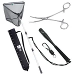 Kescher Gummiert 2,10m 3-Teilig Bundle mit Hakenlöser Zange Gebogen 18cm & Fischtöter Aluminium mit Karabiner